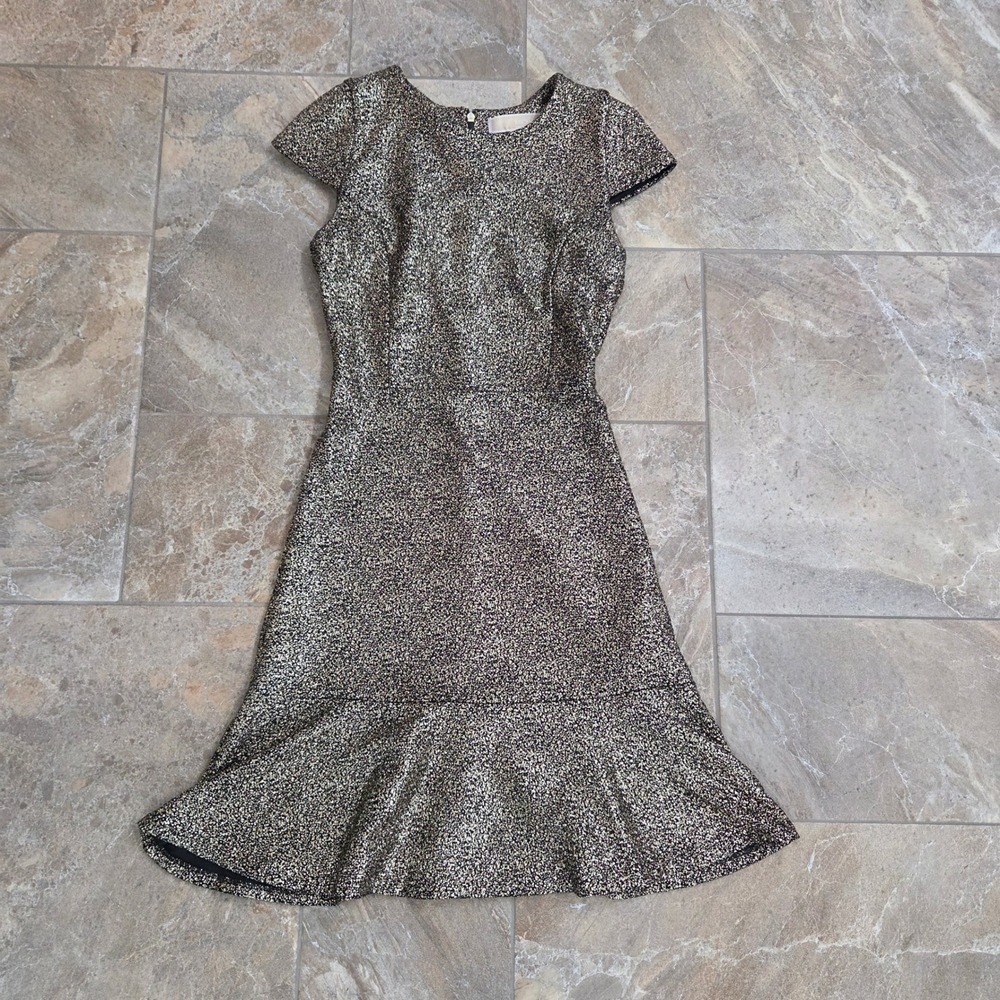 Michael Michael Kors Gold Metallic Foil Dot Flounce Hem Dress XXS Black Gold‎
